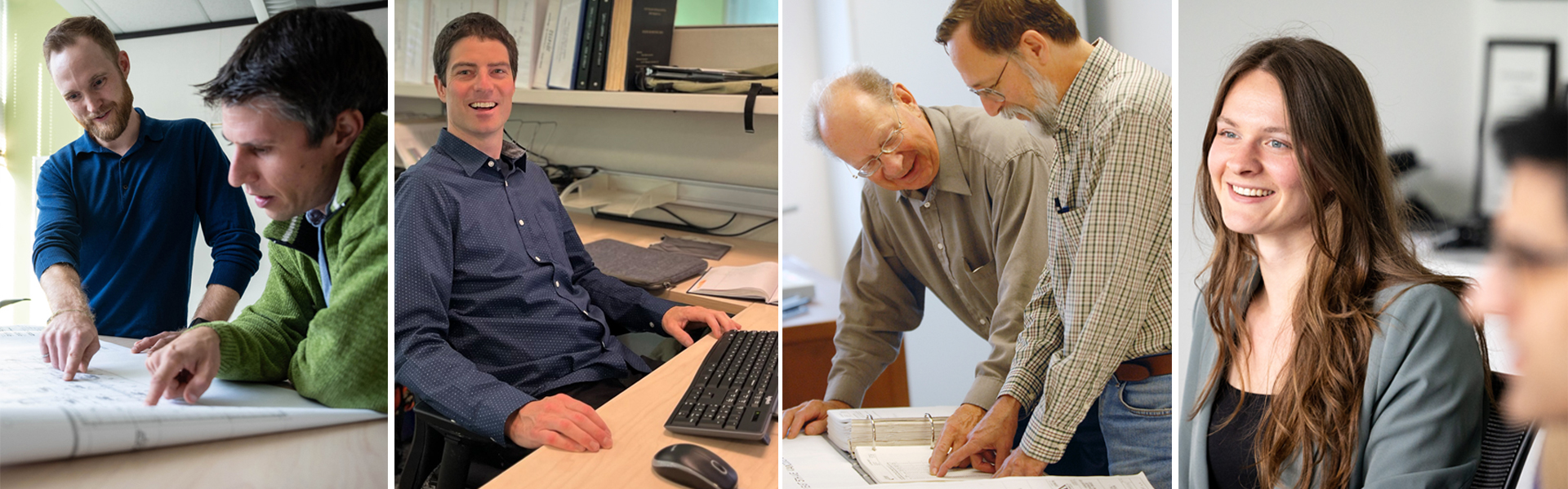 Four images of staff working in various Prism Engineering offices: two men, one standing and one sitting while looking over draft drawings, smiling at the camera while working on the computer, two other men also standing while looking over draft drawings, and one woman smiling while looking away from the camera.