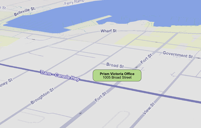 Map of downtown Victoria, BC, showing 1005 Broad Street.